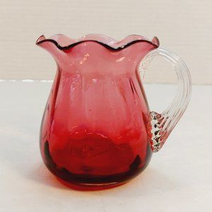 Vtg Cranberry Glass Mini Pitcher with Spiral Handle and Ruffled Edges 3.5"